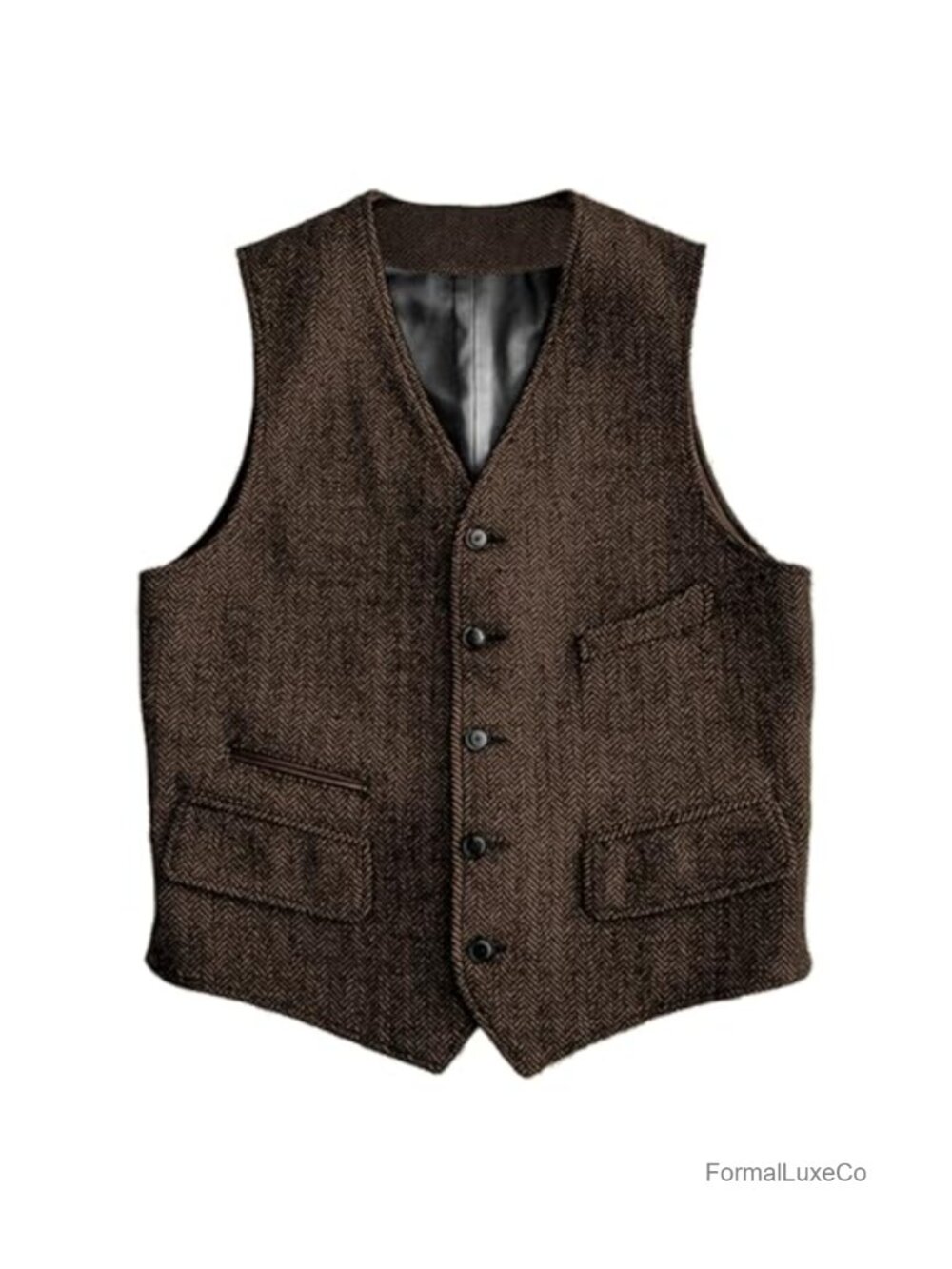 Mens Herringbone Wool Blend Suit Vest V-Neck 5 Button Waistcoat